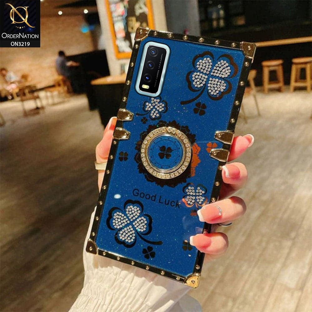 Vivo Y20i Cover - Blue - Square Bling Diamond Glitter Soft TPU Trunk Case with Ring Holder
