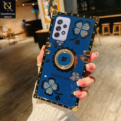 Samsung Galaxy A52 Cover - Blue - Square Bling Diamond Glitter Soft TPU Trunk Case with Ring Holder