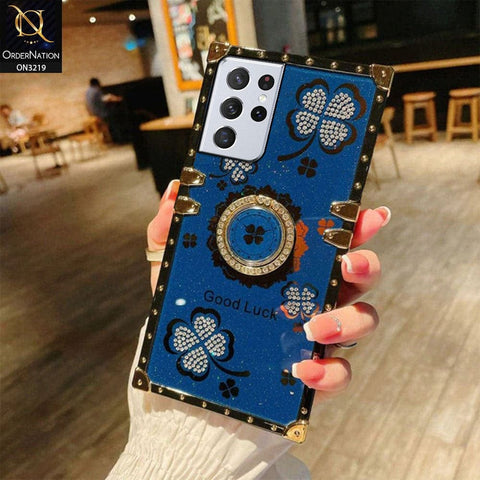 Samsung Galaxy S21 Ultra 5G Cover - Blue - Square Bling Diamond Glitter Soft TPU Trunk Case with Ring Holder