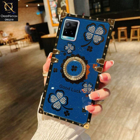 Vivo Y21s Cover - Blue - Square Bling Diamond Glitter Soft TPU Trunk Case with Ring Holder