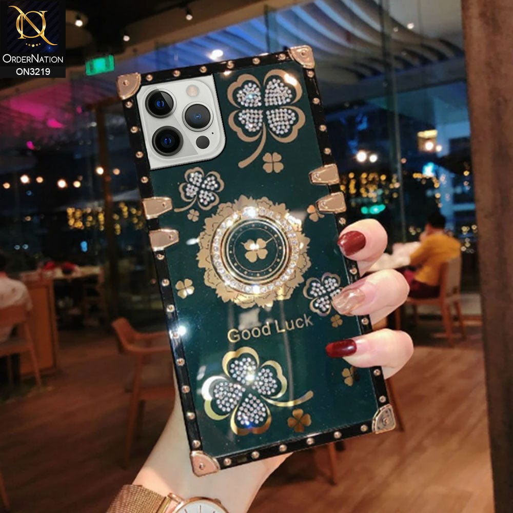 iPhone 12 Pro Max Cover - Dark Green - Square Bling Diamond Glitter Soft TPU Trunk Case with Ring Holder