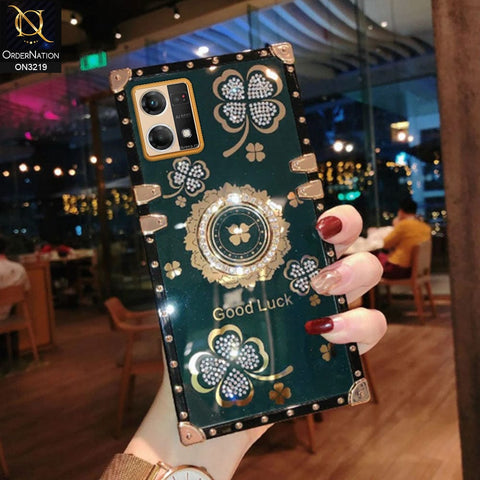 Oppo Reno 7 4G Cover - Green - Square Bling Diamond Glitter Soft TPU Trunk Case with Ring Holder
