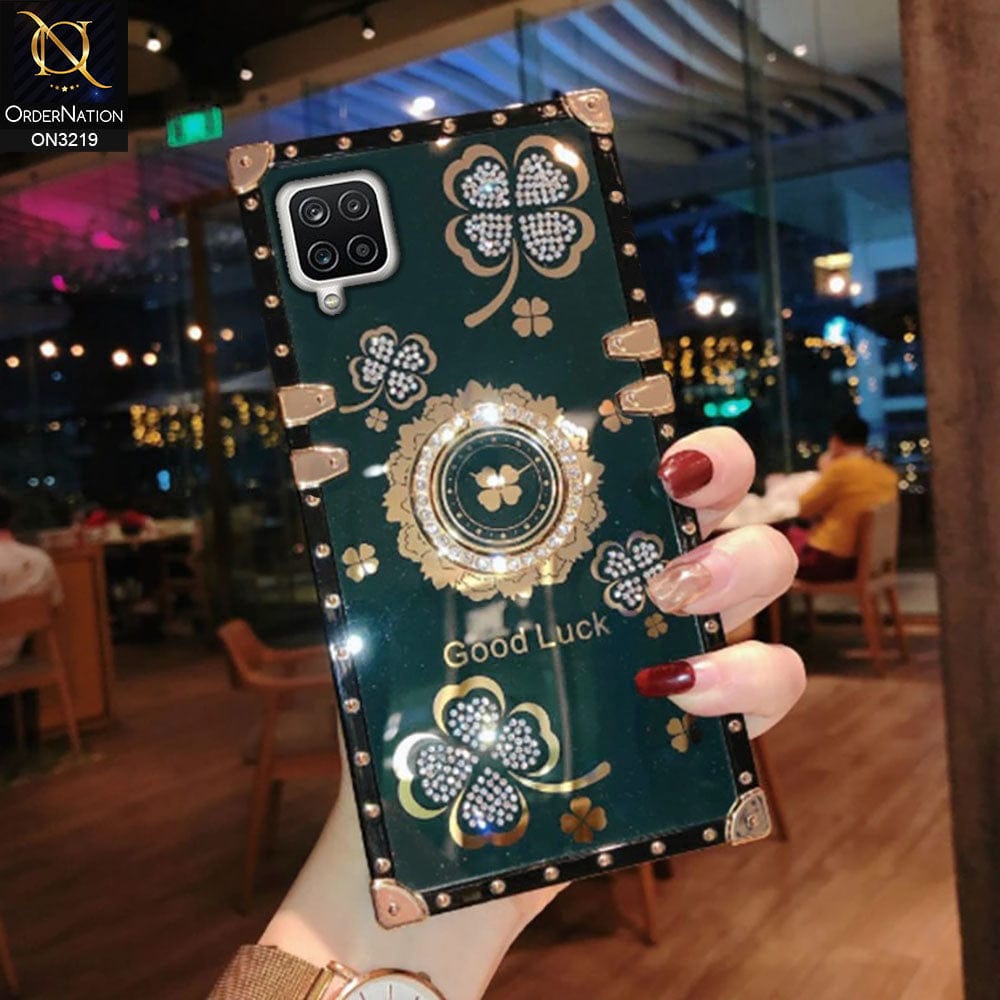 Samsung Galaxy A12 Cover - Green - Square Bling Diamond Glitter Soft TPU Trunk Case with Ring Holder