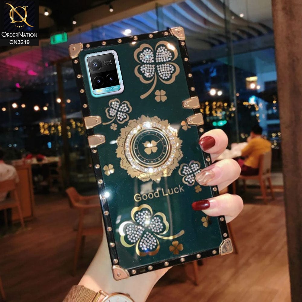 Vivo Y21a Cover - Green - Square Bling Diamond Glitter Soft TPU Trunk Case with Ring Holder