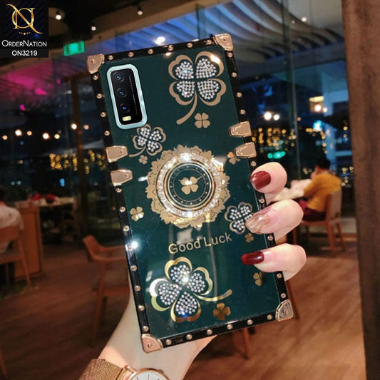 Vivo Y20i Cover - Green - Square Bling Diamond Glitter Soft TPU Trunk Case with Ring Holder
