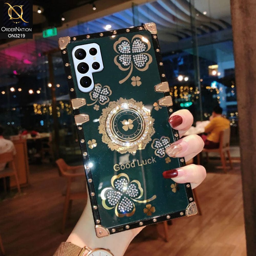 Samsung Galaxy S22 Ultra 5G Cover - Green - Square Bling Diamond Glitter Soft TPU Trunk Case with Ring Holder