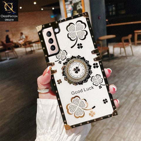 Samsung Galaxy S21 Plus 5G Cover - Ash White - Square Bling Diamond Glitter Soft TPU Trunk Case with Ring Holder