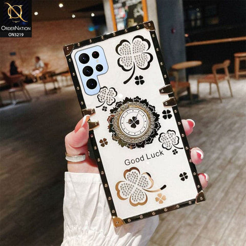 Samsung Galaxy S22 Ultra 5G Cover - Ash White - Square Bling Diamond Glitter Soft TPU Trunk Case with Ring Holder