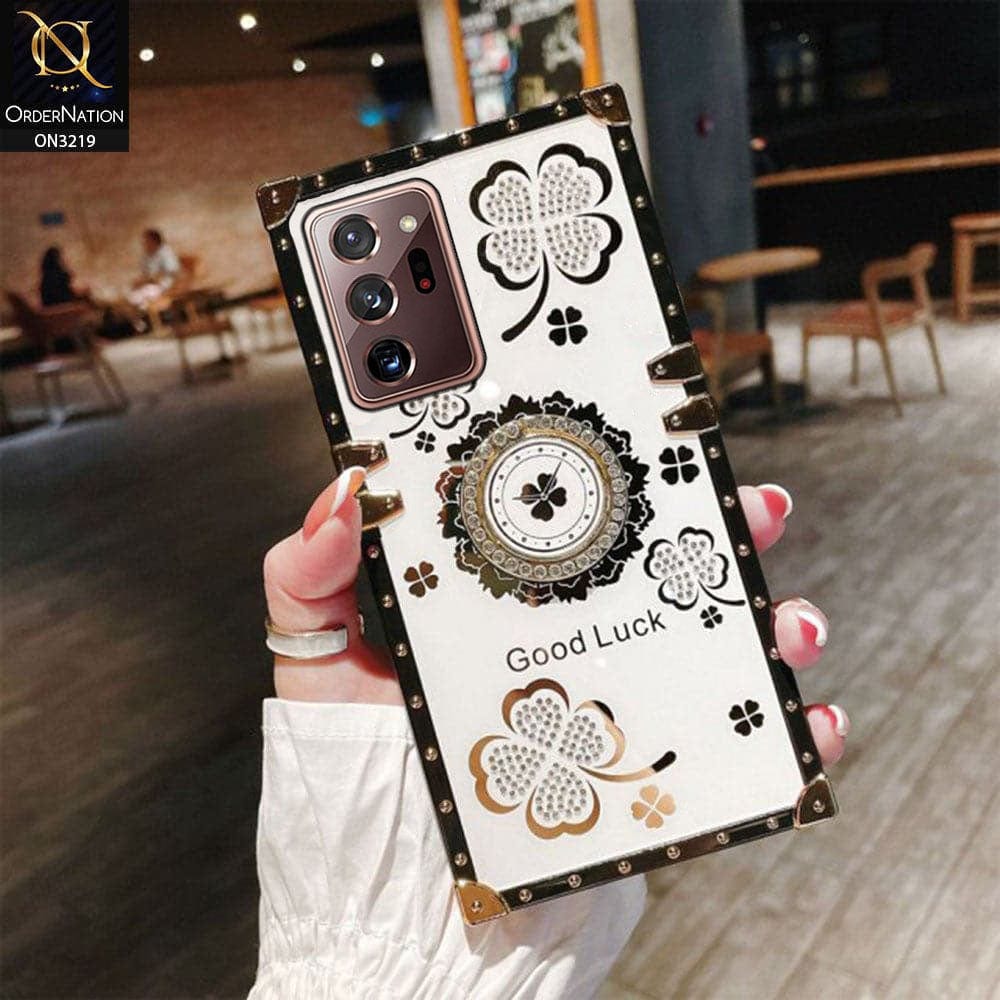 Samsung Galaxy Note 20 Ultra Cover - Ash White - Square Bling Diamond Glitter Soft TPU Trunk Case with Ring Holder