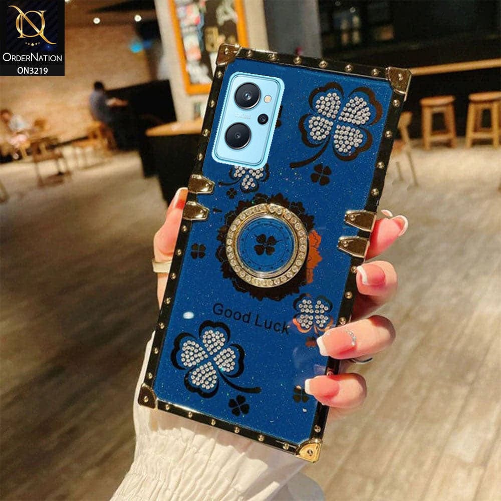 Realme 9i Cover - Blue - Square Bling Diamond Glitter Soft TPU Trunk Case with Ring Holder