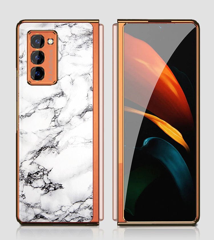 Samsung Galaxy Z Fold 2 5G Cover - White Marble Series - Premium Electroplated Infinity Ultra Shine Glass Soft Silicon Borders Case