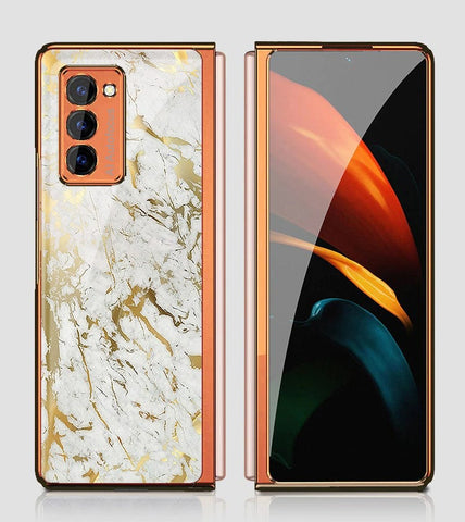Samsung Galaxy Z Fold 2 5G Cover - White Marble Series - Premium Electroplated Infinity Ultra Shine Glass Soft Silicon Borders Case