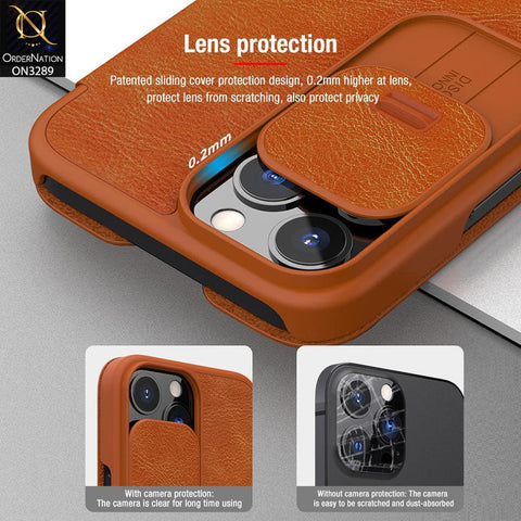 iPhone 13 Pro Max Cover - Brown - Nillkin Qin Pro Series Leather Flip Book with Camera Slide Protection Case