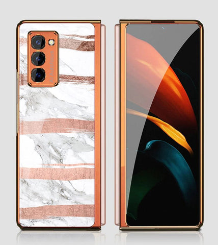 Samsung Galaxy Z Fold 2 5G Cover - White Marble Series - Premium Electroplated Infinity Ultra Shine Glass Soft Silicon Borders Case