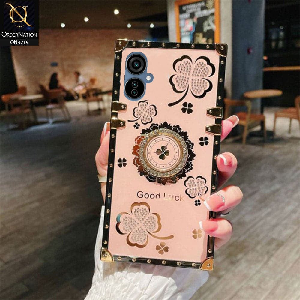 Tecno Camon 19 Neo Cover - Pink - Square Bling Diamond Glitter Soft TPU Trunk Case with Ring Holder