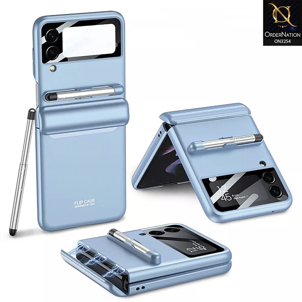 Samsung Galaxy Z Flip 4 5G Cover - Sky Blue - GKK Magnetic Hinge Full Protection Cover Camera Glass Hard Plastic Back Case With Touch Pen
