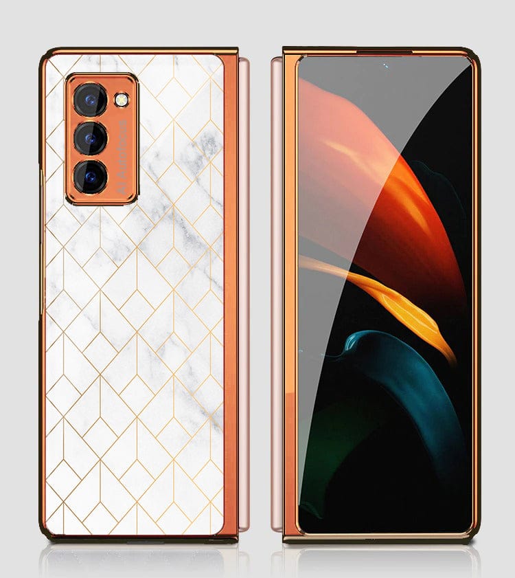 Samsung Galaxy Z Fold 2 5G Cover - White Marble Series 2 - Premium Electroplated Infinity Ultra Shine Glass Soft Silicon Borders Case