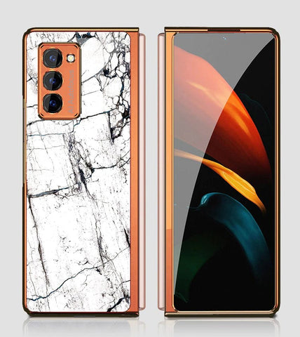 Samsung Galaxy Z Fold 2 5G Cover - White Marble Series 2 - Premium Electroplated Infinity Ultra Shine Glass Soft Silicon Borders Case