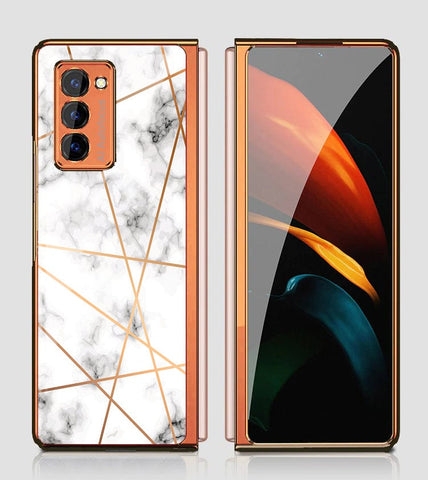 Samsung Galaxy Z Fold 2 5G Cover - White Marble Series 2 - Premium Electroplated Infinity Ultra Shine Glass Soft Silicon Borders Case