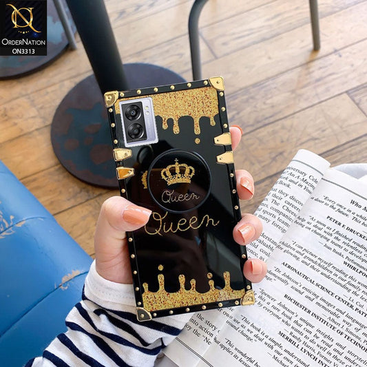 Oppo A77s Cover - Black - Golden Electroplated Luxury Square Soft TPU Protective Case with Popsocket Holder