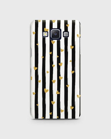 Samsung A7 - Trendy Black & White Lining With Golden Hearts Printed Hard Case With Life Time Colors Guarantee
