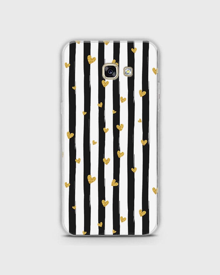 Samsung A7 2017 - Trendy Black & White Lining With Golden Hearts Printed Hard Case With Life Time Colors Guarantee