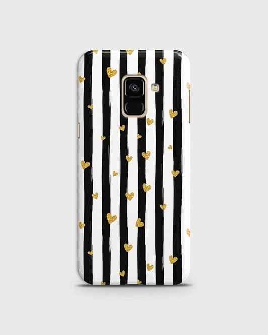 Samsung A8 2018 - Trendy Black & White Lining With Golden Hearts Printed Hard Case With Life Time Colors Guarantee