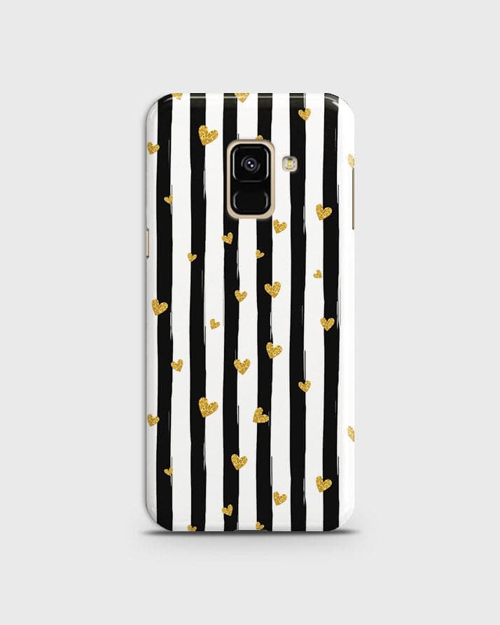 Samsung A8 Plus 2018 - Trendy Black & White Lining With Golden Hearts Printed Hard Case With Life Time Colors Guarantee ( Fast Delivery )