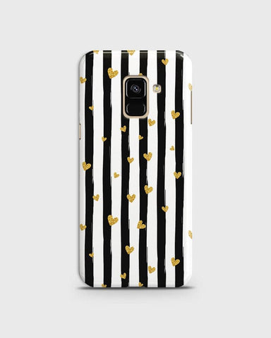Samsung A8 Plus 2018 - Trendy Black & White Lining With Golden Hearts Printed Hard Case With Life Time Colors Guarantee ( Fast Delivery )