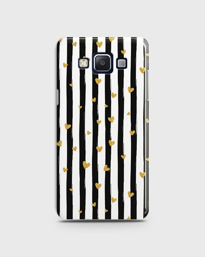 Samsung Galaxy E5 - Trendy Black & White Lining With Golden Hearts Printed Hard Case With Life Time Colors Guarantee