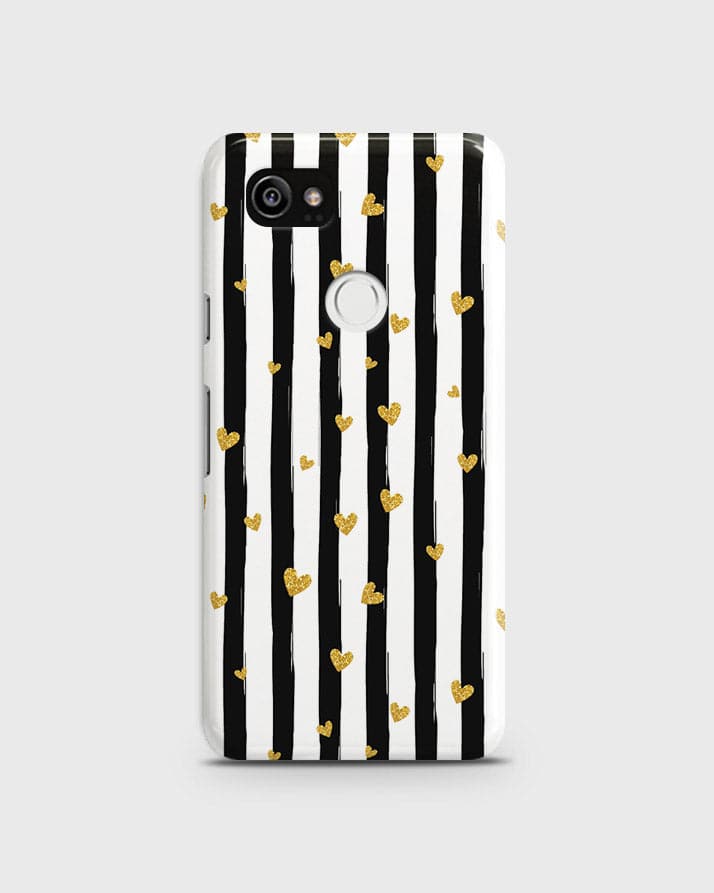 Google Pixel 2 XL  - Trendy Black & White Lining With Golden Hearts Printed Hard Case With Life Time Colors Guarantee
