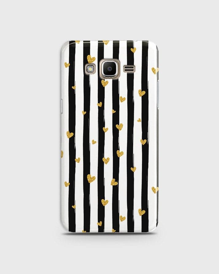 Samsung Galaxy Grand Prime / Grand Prime Plus / J2 Prime - Trendy Black & White Lining With Golden Hearts Printed Hard Case With Life Time Colors Guarantee