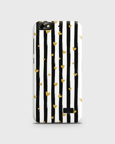 Huawei Honor 4C - Trendy Black & White Lining With Golden Hearts Printed Hard Case With Life Time Colors Guarantee