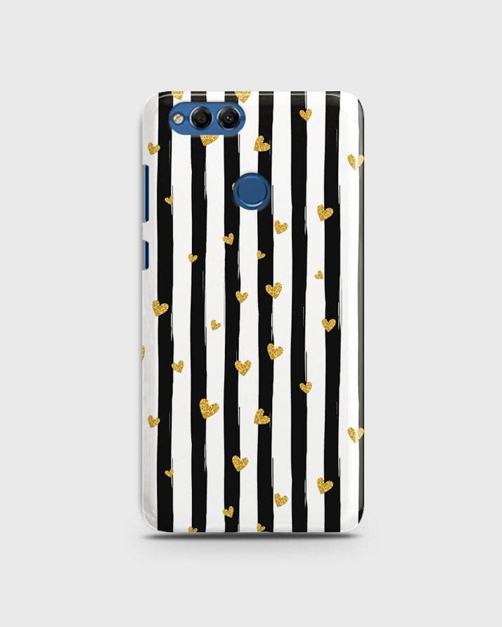 Huawei Honor 7X - Trendy Black & White Lining With Golden Hearts Printed Hard Case With Life Time Colors Guarantee B (38) 1