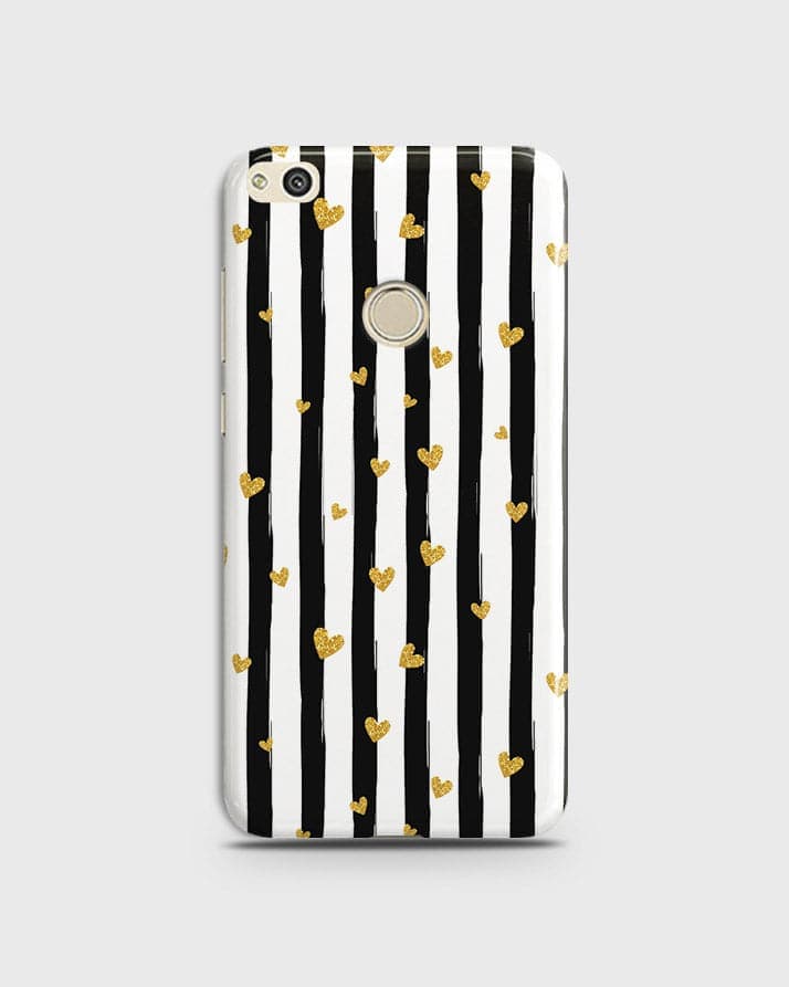 Huawei Honor 8 Lite - Trendy Black & White Lining With Golden Hearts Printed Hard Case With Life Time Colors Guarantee