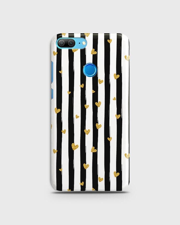 Huawei Honor 9 Lite - Trendy Black & White Lining With Golden Hearts Printed Hard Case With Life Time Colors Guarantee