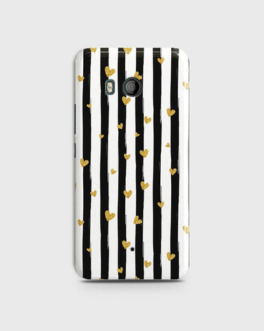 HTC U11  - Trendy Black & White Lining With Golden Hearts Printed Hard Case With Life Time Colors Guarantee