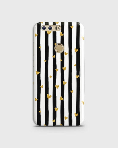 Huawei Honor 8 - Trendy Black & White Lining With Golden Hearts Printed Hard Case With Life Time Colors Guarantee