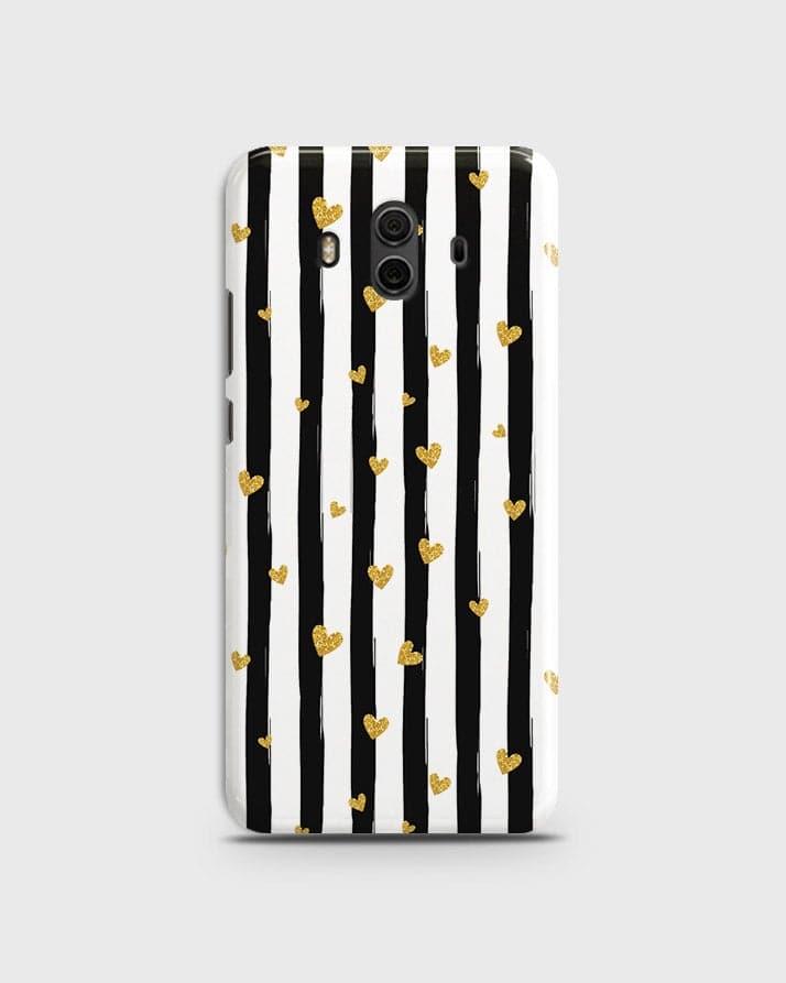 Huawei Mate 10 - Trendy Black & White Lining With Golden Hearts Printed Hard Case With Life Time Colors Guarantee