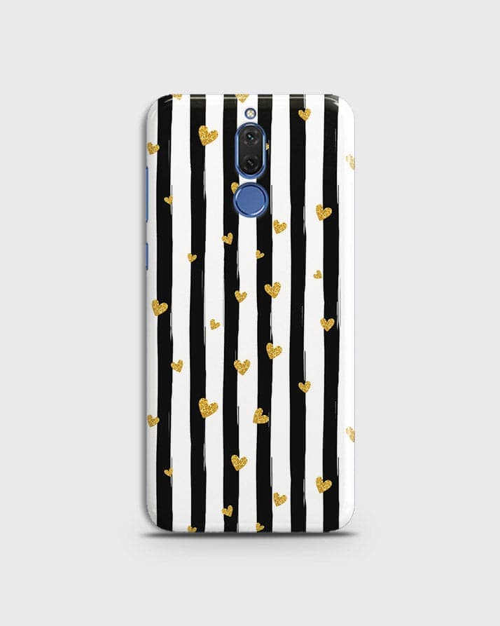 Huawei Mate 10 Lite - Trendy Black & White Lining With Golden Hearts Printed Hard Case With Life Time Colors Guarantee
