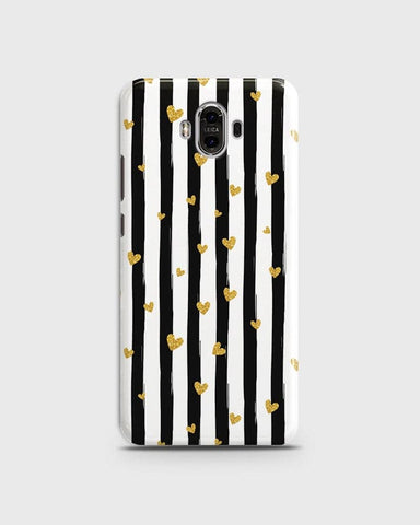 Huawei Mate 9 - Trendy Black & White Lining With Golden Hearts Printed Hard Case With Life Time Colors Guarantee