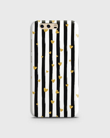 Huawei P10 Plus - Trendy Black & White Lining With Golden Hearts Printed Hard Case With Life Time Colors Guarantee