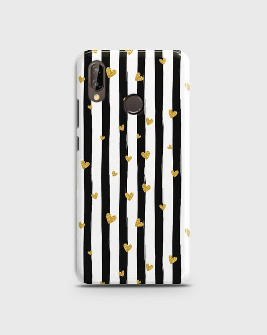 Huawei P20 Lite - Trendy Black & White Lining With Golden Hearts Printed Hard Case With Life Time Colors Guarantee