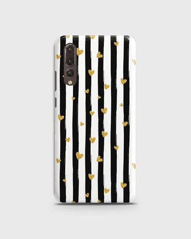 Huawei P20 Pro - Trendy Black & White Lining With Golden Hearts Printed Hard Case With Life Time Colors Guarantee