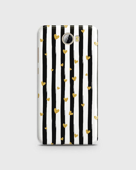 Huawei Y5 II - Trendy Black & White Lining With Golden Hearts Printed Hard Case With Life Time Colors Guarantee