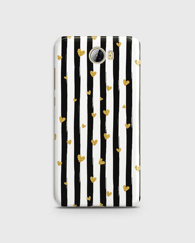 Huawei Y5 II - Trendy Black & White Lining With Golden Hearts Printed Hard Case With Life Time Colors Guarantee