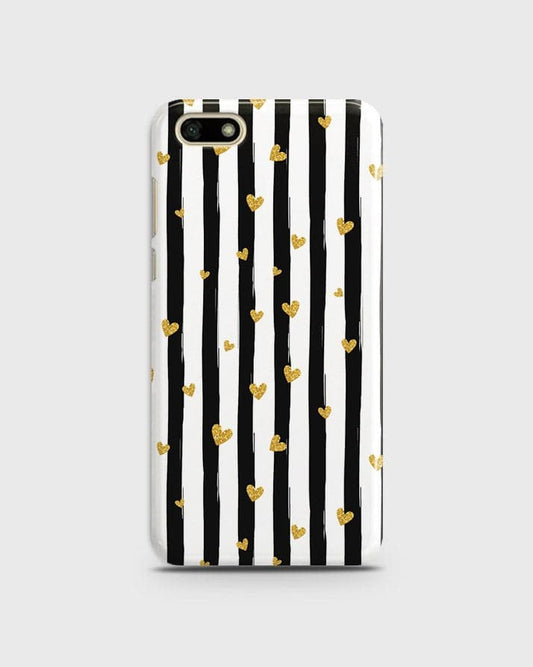 Huawei Y5 Prime 2018 - Trendy Black & White Lining With Golden Hearts Printed Hard Case With Life Time Colors Guarantee