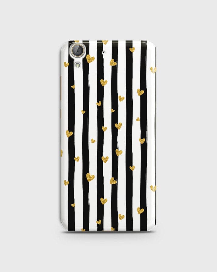 Huawei Y6 II - Trendy Black & White Lining With Golden Hearts Printed Hard Case With Life Time Colors Guarantee ( Fast Delivery )