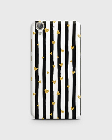 Huawei Y6 II - Trendy Black & White Lining With Golden Hearts Printed Hard Case With Life Time Colors Guarantee ( Fast Delivery )