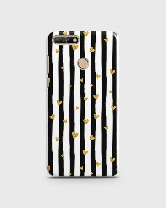 Huawei Y7 2018 - Trendy Black & White Lining With Golden Hearts Printed Hard Case With Life Time Colors Guarantee
